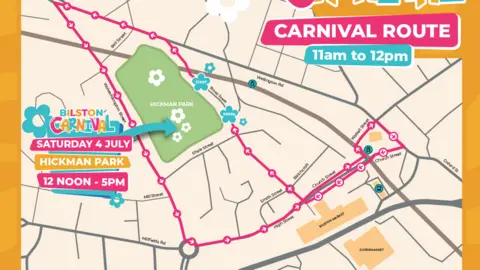 The map shows the route using a pink line with arrows. Hickman Park in green is to the left of centre on the map.