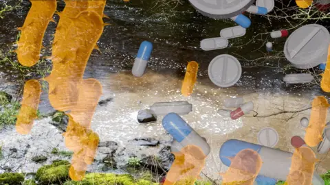 A river with effluent coming from the bank. The picture is overlaid with stylistic bacteria and drugs that are opaque. 