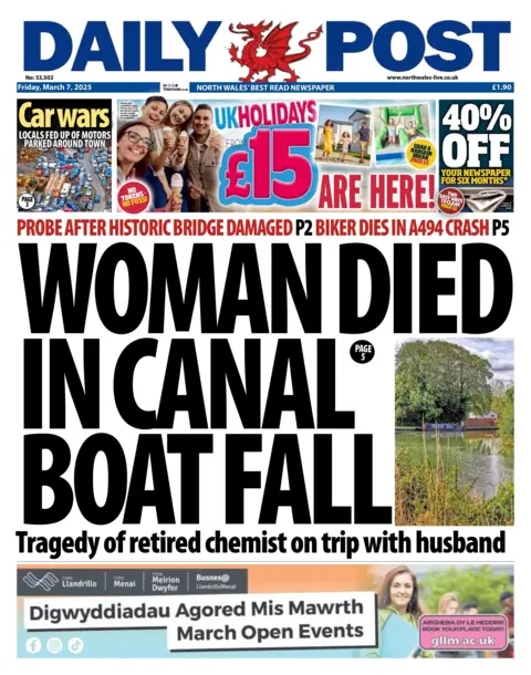 Daily Post Front page of the Daily Post newspaper with the main headline: "Woman died in canal boat fall" and a picture of a canal boat on a canal with greenery surrounding it. Below this is an advertisement with a picture of a smiling girl and the words "March open events". Above the main story is a smaller box with a picture of a car park and the words "car wars". Next to that is a box with the writing 40% off, and another advertisement next to it which has a picture of a family smiling on a beach and the text: "UK holidays £15 are here".