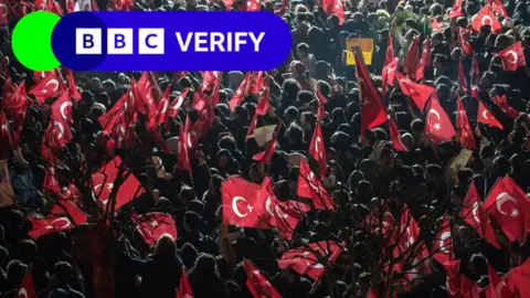 A BBC Verify logo appears over a photo showing a crowd of people waving Turkish flags.