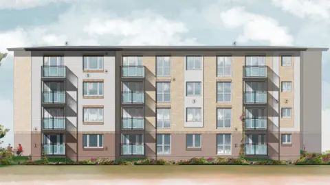 Churchill Living/Dudley Planning An artist's impression of a four-storey apartment block with a mix of brick-fronting and brown and grey cladding. Balconies are visible on 12 sets of patio doors in three columns. Flower beds and grass surround the base.
