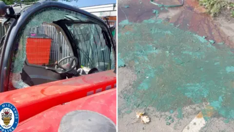 A composite image. On the left a vehicle is shown to have broken windows. On the right paint or a green substance has been spilled on the ground. 
