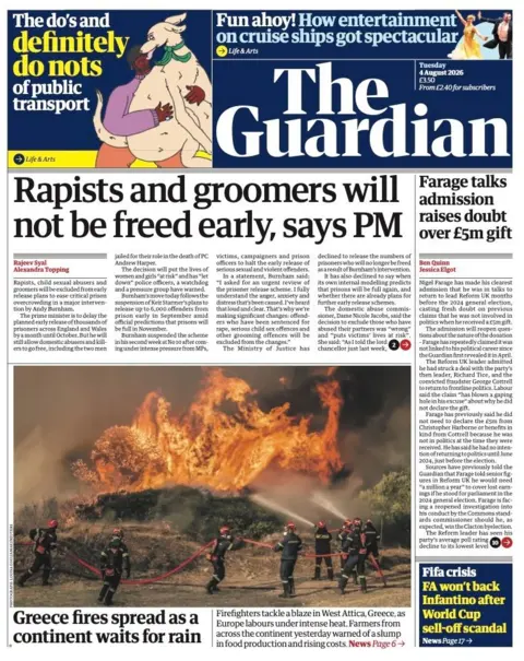 "Rapists and groomers will not be freed early, says PM" reads the headline on the front page of the Guardian.