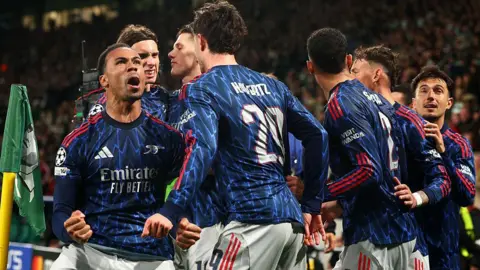 Arsenal's Kai Havertz celebrates scoring a goal against Sporting in the Champions League quarter-sinal first leg