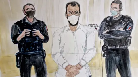 Reuters/Elisabeth de Pourquery Sketch by Elisabeth de Pourquery of Salah Abdeslam in court