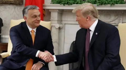 Getty Images Mr Orban shakes hands with president Donald Trump at a reception in stately surroundings at the White House