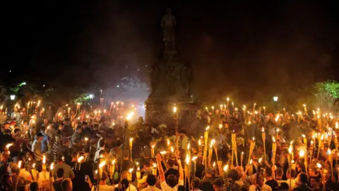 Neo Nazis, Alt-Right, and White Supremacists encircle counter protestors at the base of a statue of Thomas Jefferson - 11 August 2017