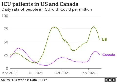 Graph showing US and Canadian ICU patients