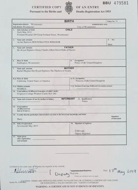 PA Archie Harrison Mountbatten-Windsor's birth certificate