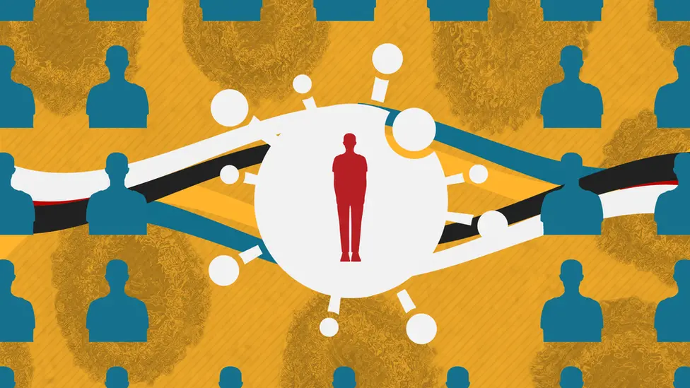 BBC A graphic of a silhouette of a person and a coronavirus