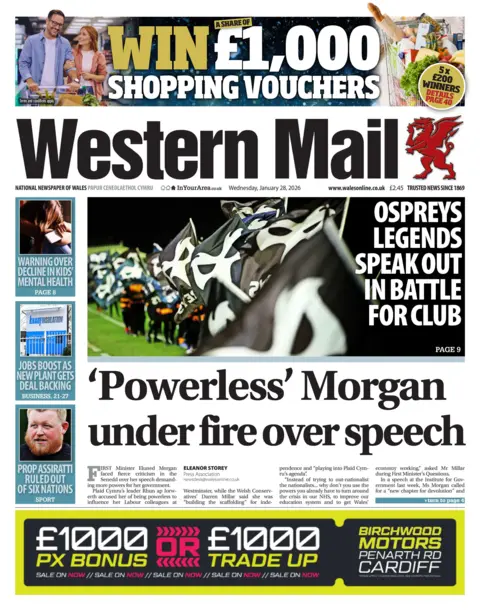 Western Mail Western Mail front page. Headline is: "'Powerless' Morgan under fire over speech"