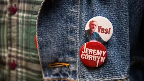 Getty Images A supporter of Jeremy Corbyn for the Labour Party leadership attends a launch of policy ideas for young people on August 10, 2015 in London, England