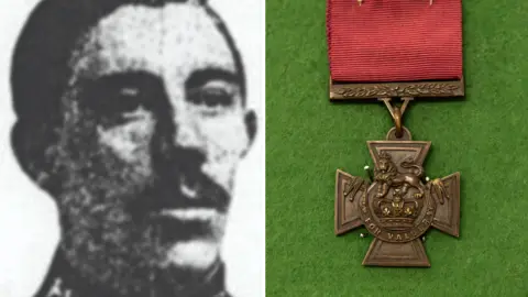 Sgt Harry Wells close up in a black and white image, next to a colour photograph of a Victoria Cross medal with a red ribbon, resting on green felt.