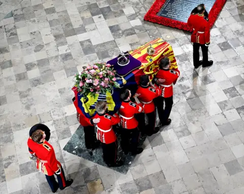 Reuters View of The Queen's coffin from above in Westminster Abbey