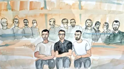 Elisabeth de Pourquery/France Télévisions/Reuters An artist's sketch shows Salah Abdeslam (R), and the other accused