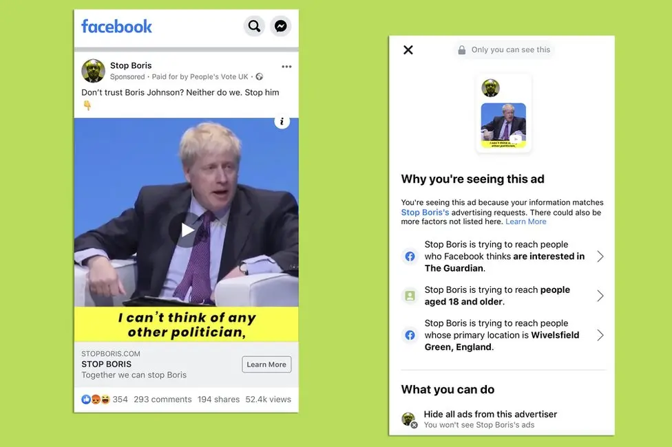 People's Vote UK Stop Boris ad and targeting information