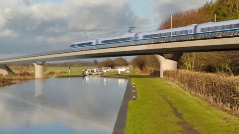 PA Media Graphic of HS2 train on bridge over river