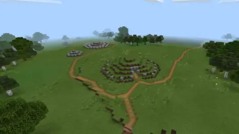 Minecraft/Cadw/MMU Bryn Celli Ddu site from 'the air' in Minecraft