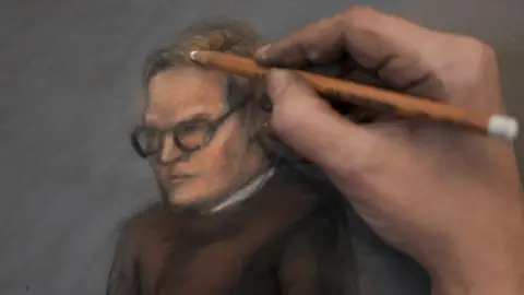 NTB/Ole Berg-Rusten/Reuters Un ilustrador judicial dibuja a un joven que lleva un suéter marrón.