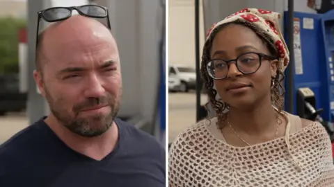 Split screen. A man is on the left and a woman is on the right.