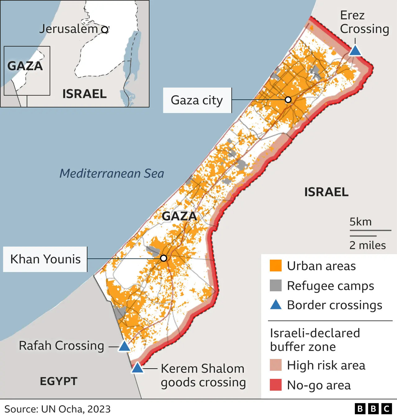 Map of the Gaza Strip, urban areas, refugee camps and border crossings