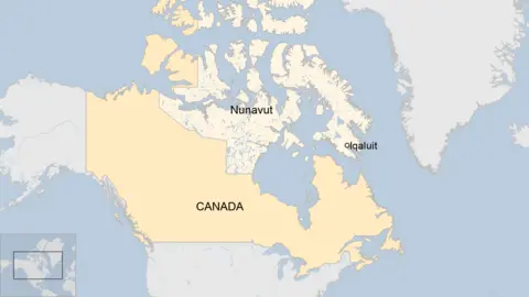 A map of Canada showing Iqaluit and Nunavut