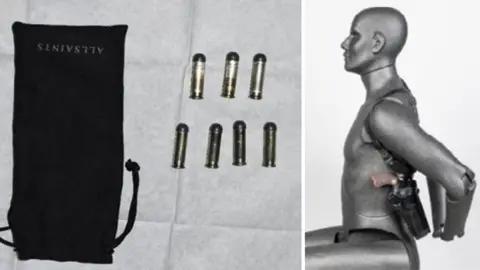 Met Police Image showing seven bullets and a computer graphic of how Mr De Zoysa may have had the gun