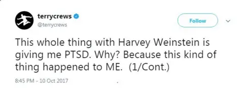 Twitter "This whole thing with Harvey Weinstein is giving me PTSD. Why? Because this kind of thing happened to ME. (1/Cont.)"