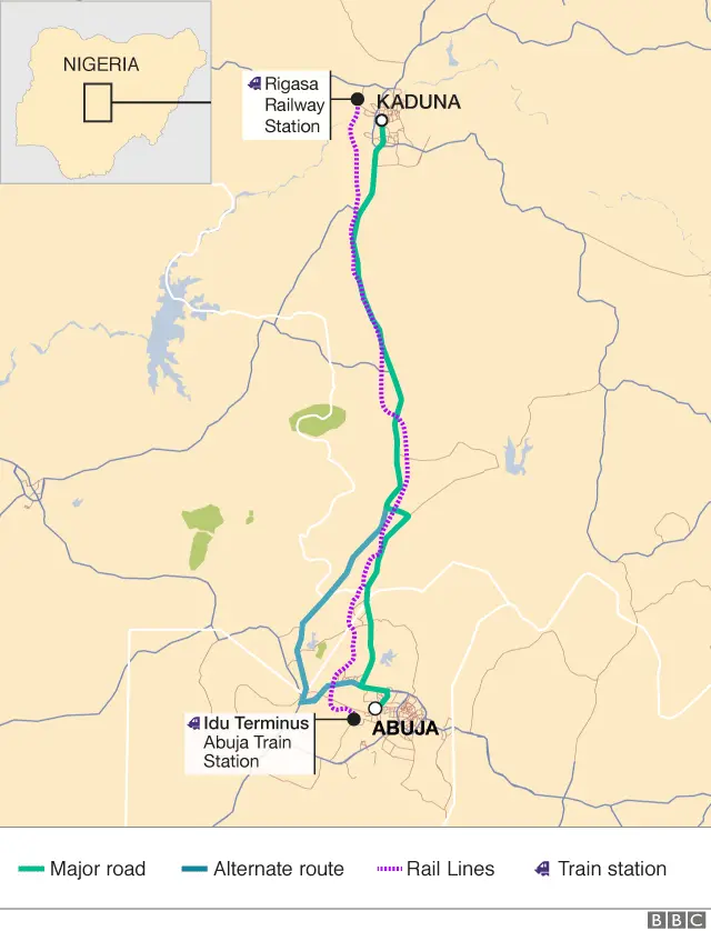 Map of routes between Abuja and Kaduna