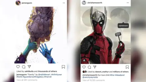 MJ Hiblen Screenshots of MJ's comic art depicting characters from the Marvel universe such as Deadpool, Thor and Thanos, reposted by actor Chris Hemsworth and director James Gunn