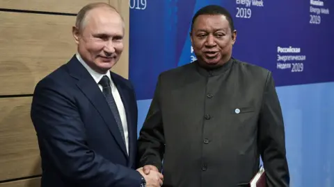 Getty Images Russia's President Vladimir Putin and Opec secretary general Mohammad Barkindo shaking hands.