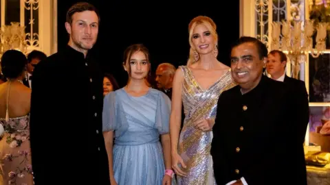 Reuters Mukesh Ambani, the Chairman of Reliance Industries, is seen with Ivanka Trump, her husband, Jared Kushner and their daughter Arabella during pre-wedding celebrations of Ambani's son Anant Ambani and Radhika Merchant, daughter of industrialist Viren Merchant, in Jamnagar, Gujarat, India, March 1, 2024.