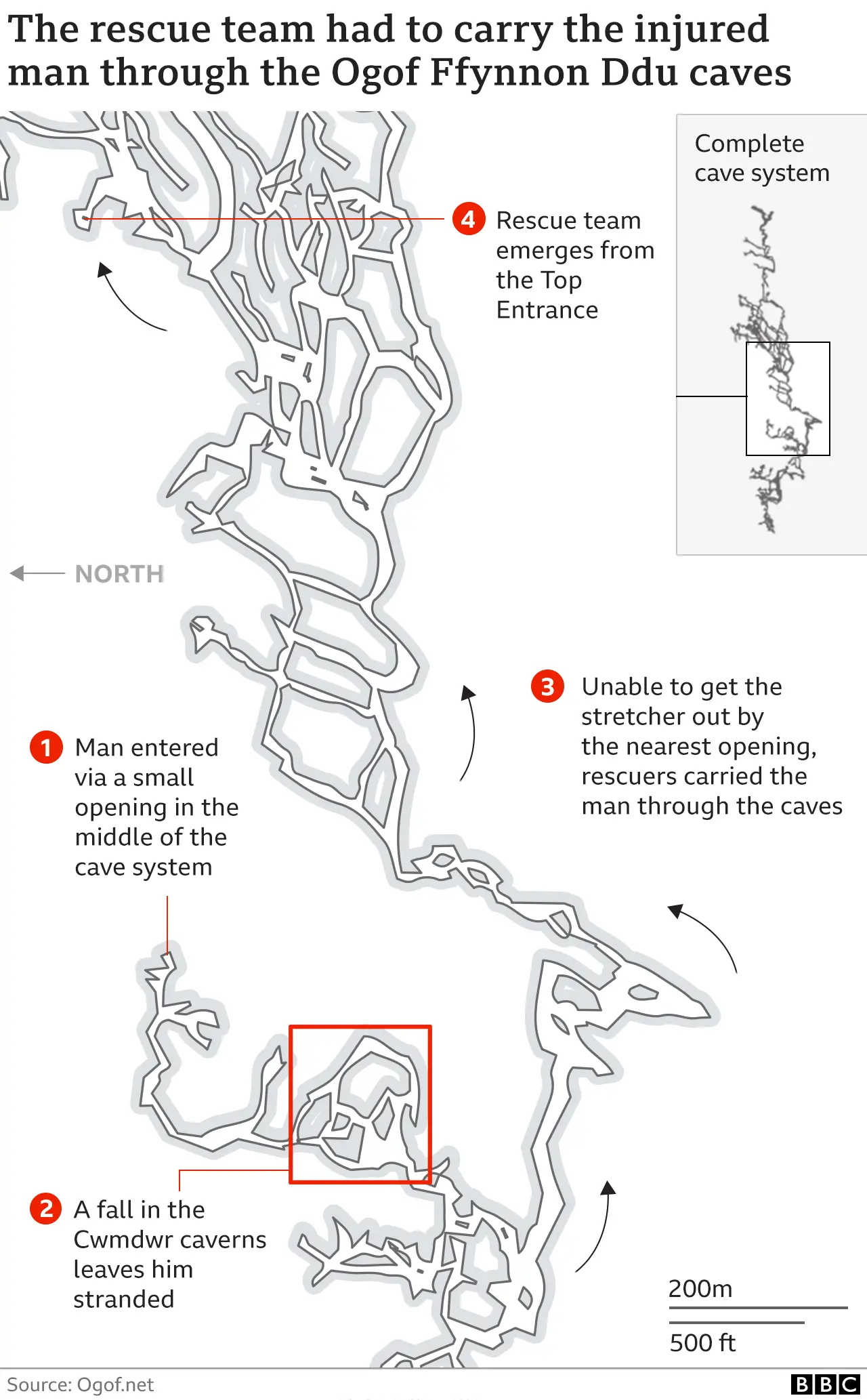 A map showing the Ogof Ffynnon Ddu cave system which rescuers navigated