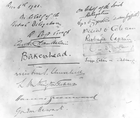 Getty Images/Hulton Archive/Topical Press Agency The signatures on the document that outlined the terms of the treaty