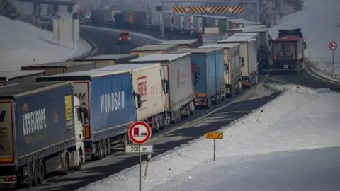 EPA Trucks stand in the about 30km-long-tailback on highway D8 in direction of German border near Usti nad Labem, Czech Republic on 15 February