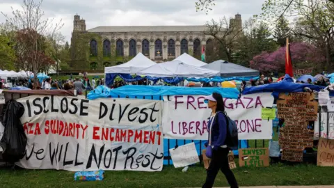 Getty Images Tents at the protest camp at Northwestern started to come down on Monday