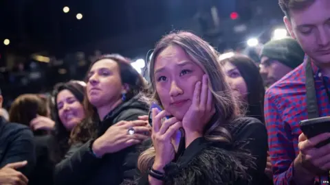 EPA Supporters of Democratic Senate candidate for Pennsylvania John Fetterman listen to him speak after he defeated Republican candidate Mehmet Oz in Pittsburgh, Pennsylvania, USA, 09 November 2022.