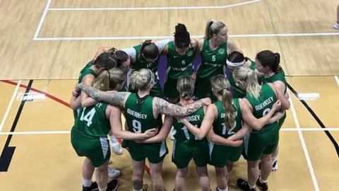 BBC The Guernsey Women's Basketball team before their Bronze medal match vs Isle of Man at The Island Games 2023