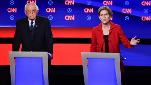 Getty Images Bernie Sanders and Elizabeth Warren pictured at a debate