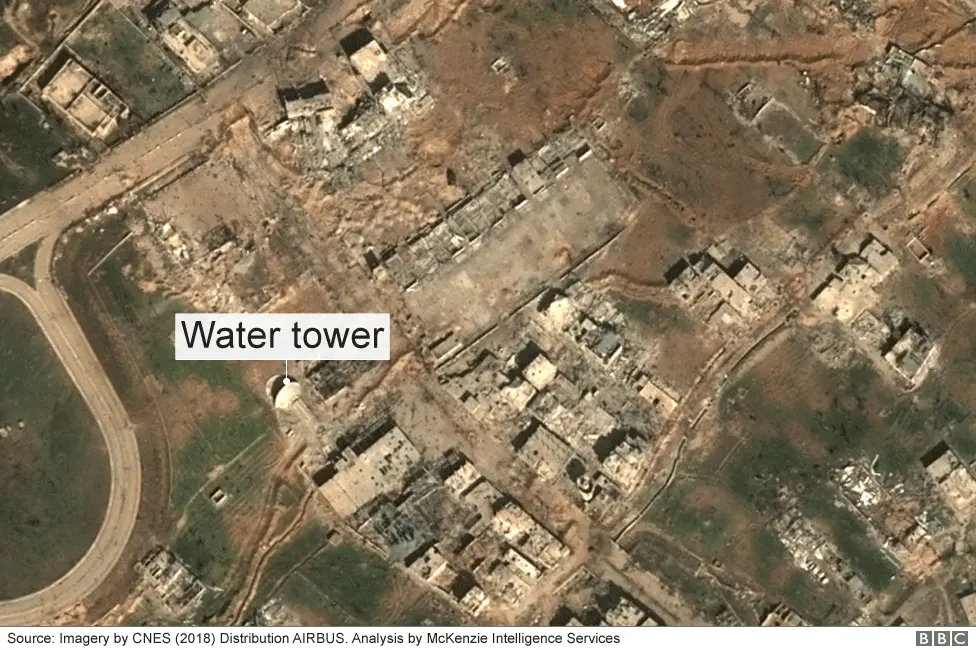 BBC Satellite image of a damaged water tower in the Eastern Ghouta, Syria