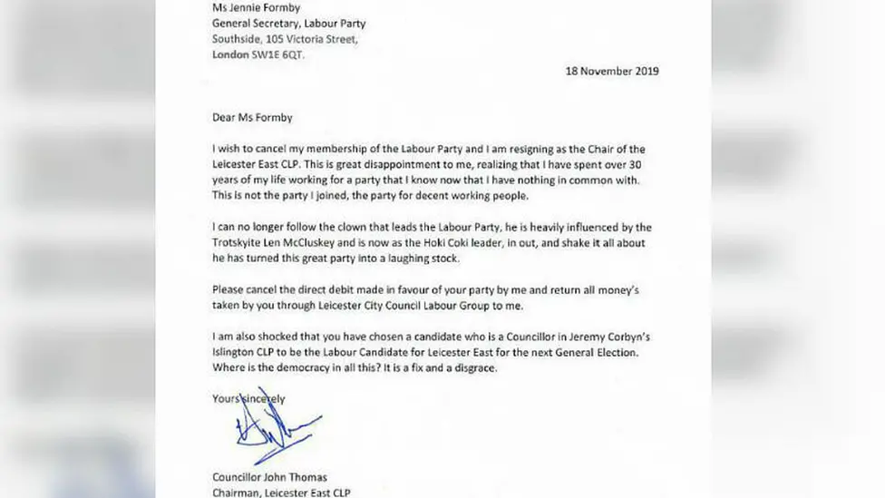 BBC Leicester East resignation letter