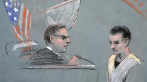 Reuters ack Douglas Teixeira, a U.S. Air Force National Guard airman accused of leaking highly classified military intelligence records online, makes his initial appearance before a federal judge in Boston, Massachusetts, U.S. April 14, 2023 in a courtroom sketch.