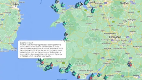 Surfers Against Sewage A map of Wales showing sewage alerts