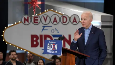 Getty Images Democratic presidential candidate former Vice President Joe Biden speaks during a Nevada caucus day event at IBEW Local 357 on February 22, 2020 in Las Vegas, Nevada.