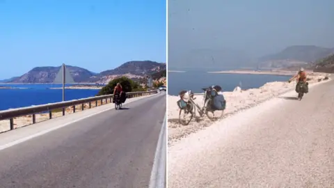 Jamie Hargreaves A composite of two images showing a man riding a bike. The image on the left is modern, showing a man riding his bike on a road by the sea. The image on the right is his father, riding a bike along the same path in the 90s. The image is grainy.