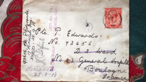 Prof Peter Doyle Envelope of letter sent by Kitty has its address scribbled out and the word 'deceased' written on it