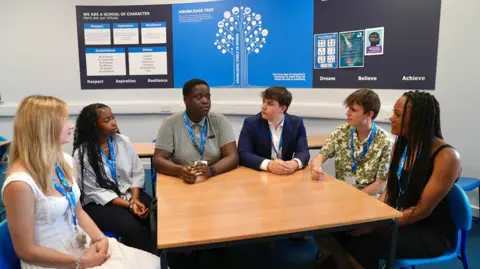 Martin Giles/BBC A group of sixth form students are sitting round some desks. They are all wearing blue school lanyards.