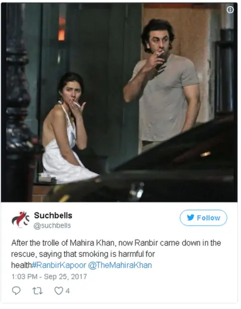 Twitter Image of Pakistani actress Mahira Khan and her co-star Ranbir Kapoor smoking