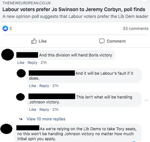 Facebook 'this division will hand Boris's victory'... 'and it will be Labour's fault if it does'