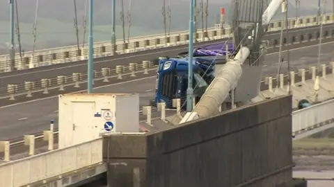 BBC Lorry on side on Severn Bridge